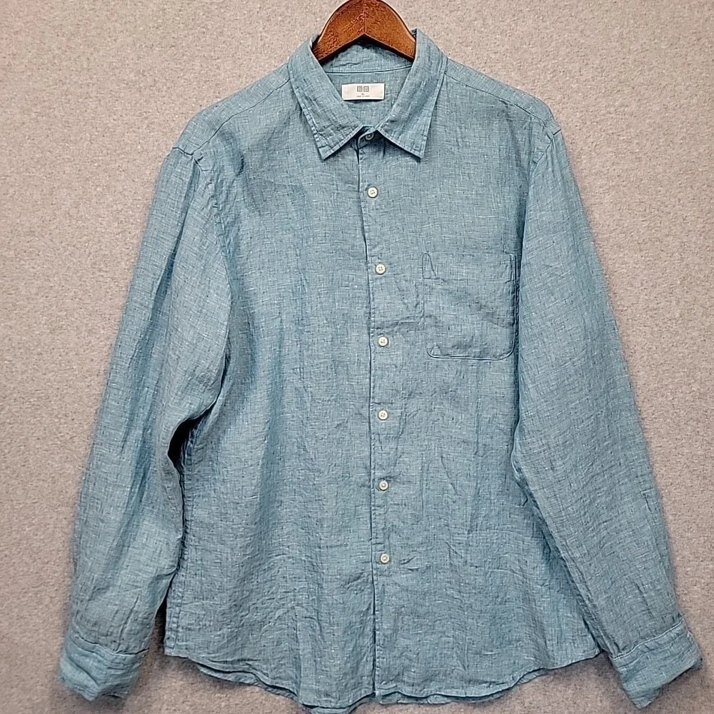 UNIQLO‎ Light Blue 100% Linen Long Sleeve Button Up Shirt Men's Size XL
